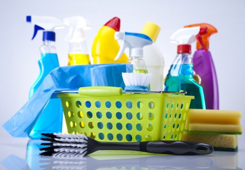 Professional cleaning company team preparing home cleaning supplies