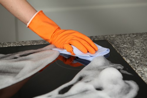 Professional oven cleaner in a home kitchen cleaning service
