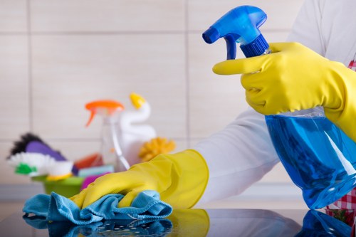 Professional home cleaners working in a living room during house cleaning service