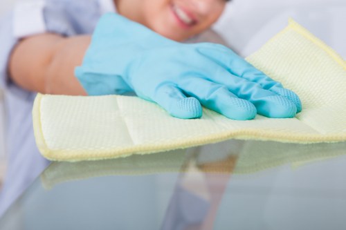 End of tenancy cleaner sanitizing bathroom fixtures and tiles