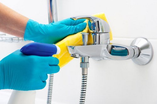 Home cleaner dusting furniture during a one time cleaning visit