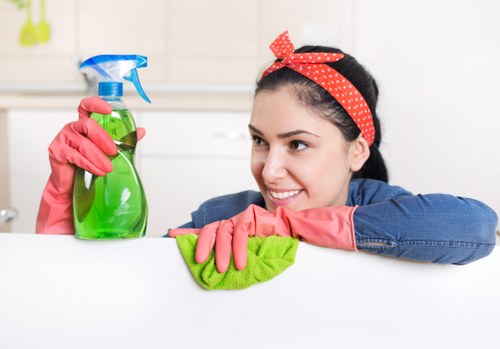 Dusting and vacuuming a bright bedroom during house cleaning