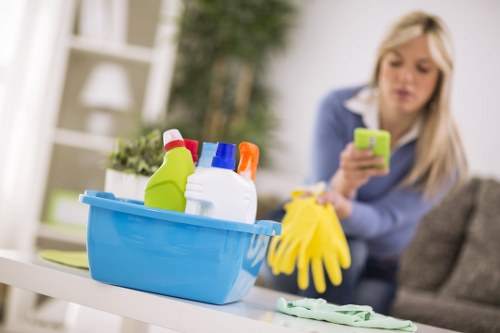 Cleaner using safe manual handling techniques in a home interior