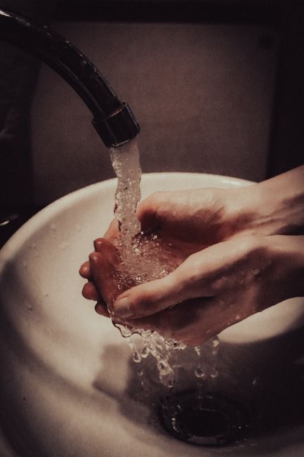 A person washing their hands with soap at a white ceramic bathroom sink, which features a modern chrome faucet. In the background, a green leafy plant in a terracotta pot is placed on a beige countert